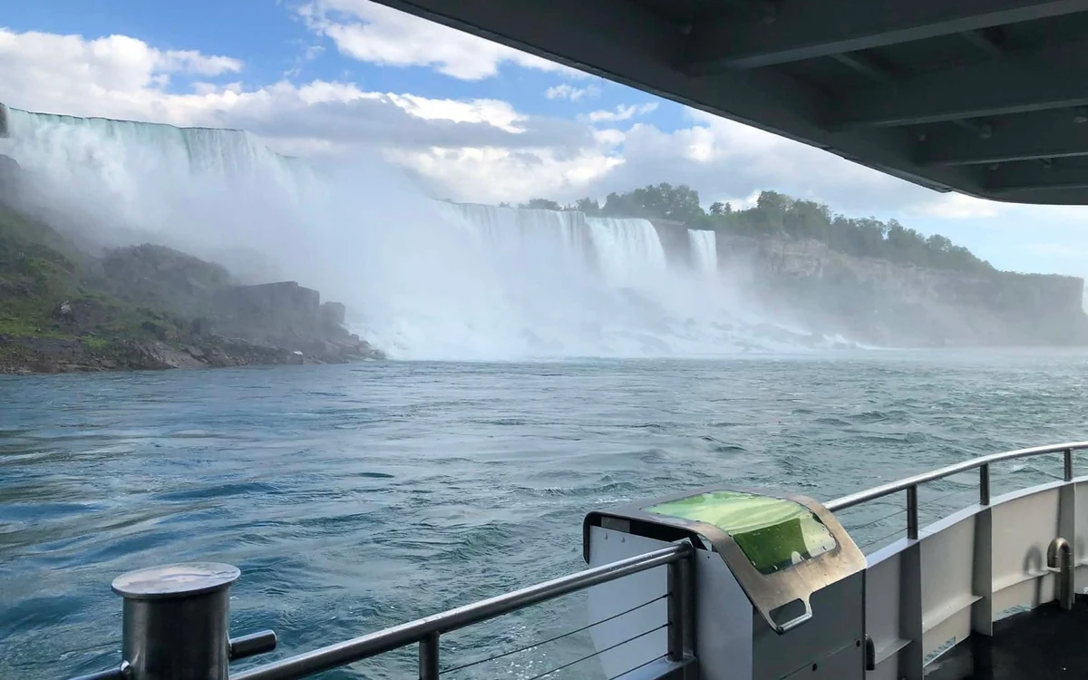 The American Falls seen from water level at the foot of the cliff