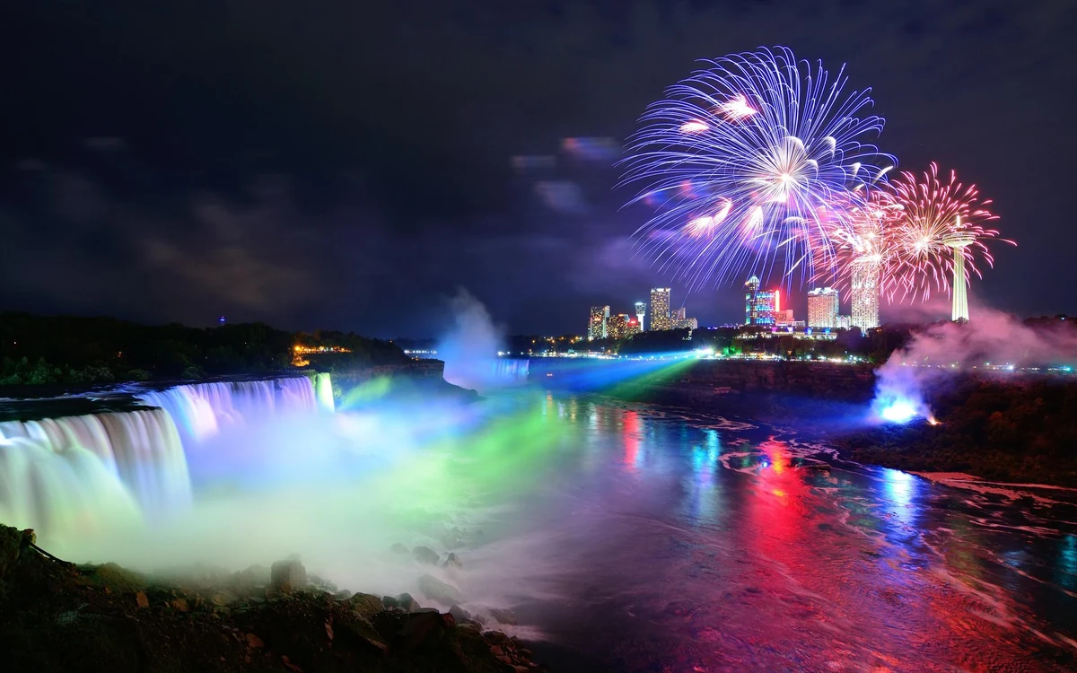 Fireworks bursting above the lit falls and the gorge at Niagara Falls after dark